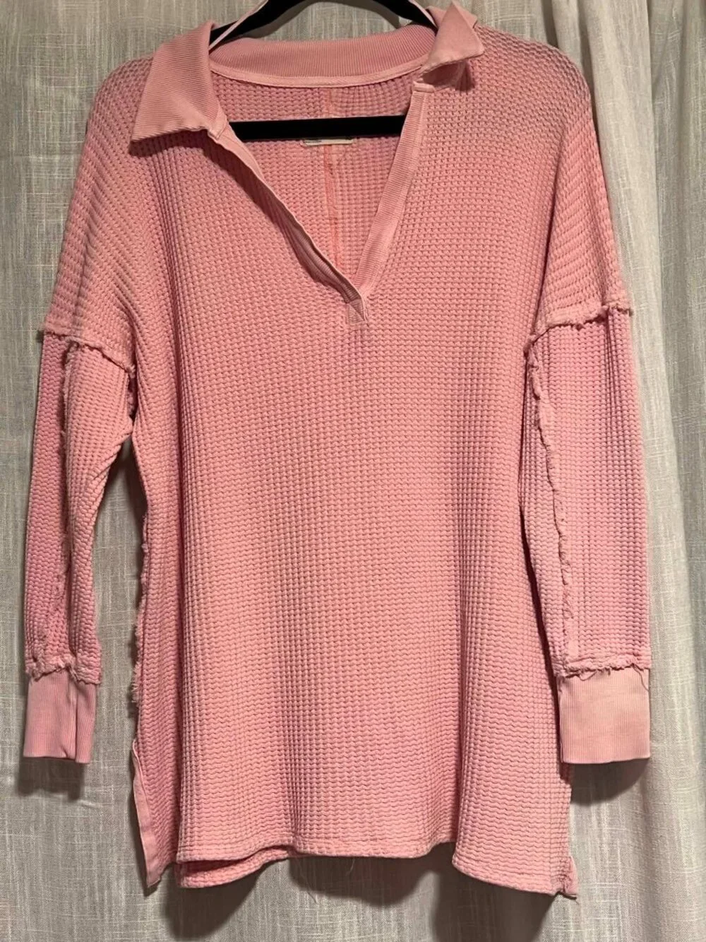 We The Free Top Slouchy Oversized Waffle Knit V-Neck Pink Dogwood Size XS